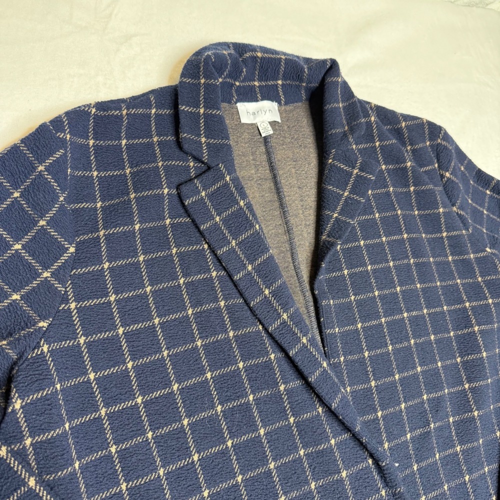 Harlyn Anthropologie Navy Beige Plaid Open Front Blazer Jacket Women's‎ Size L
